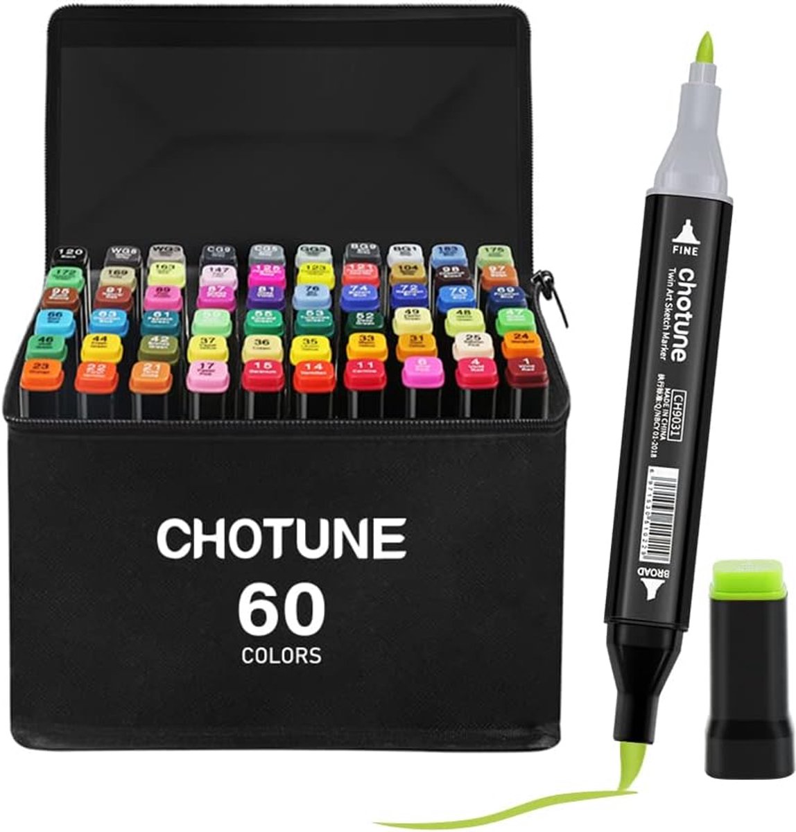 SnelShoppen - Alcohol Markers Set 60 Kleuren Dubbel Getipte Zachte Borstel & Fijne Schetsmarker voor Illustraties en Schetsen met Zwarte Handtas