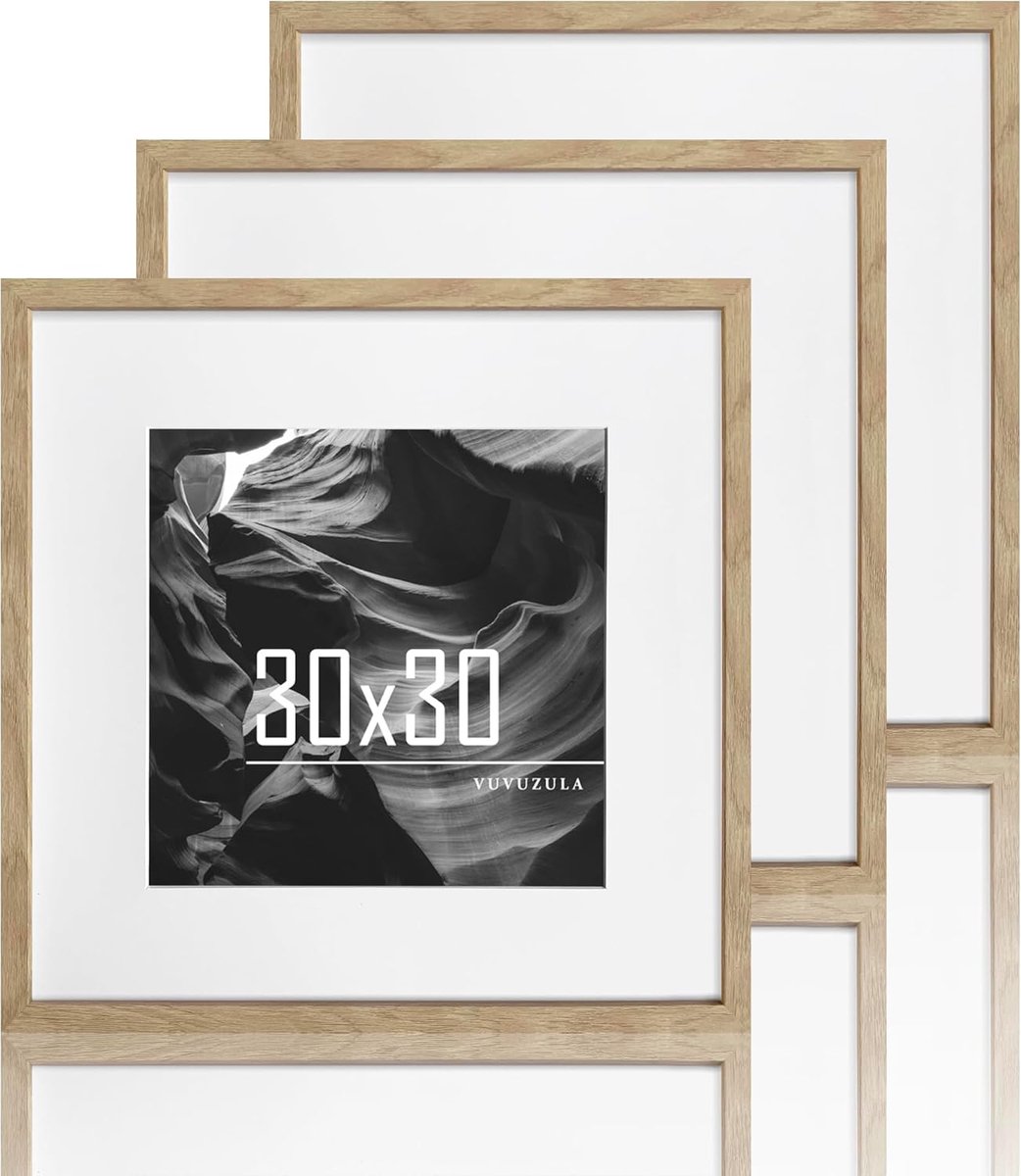 SnelShoppen - VUVUZULA Fotolijst 30x30cm Houten Lijst Set van 3 - Eiken MDF Lijsten met Passe-Partout 20x20cm Natuurlijk voor Huiskamer, Slaapkamer en