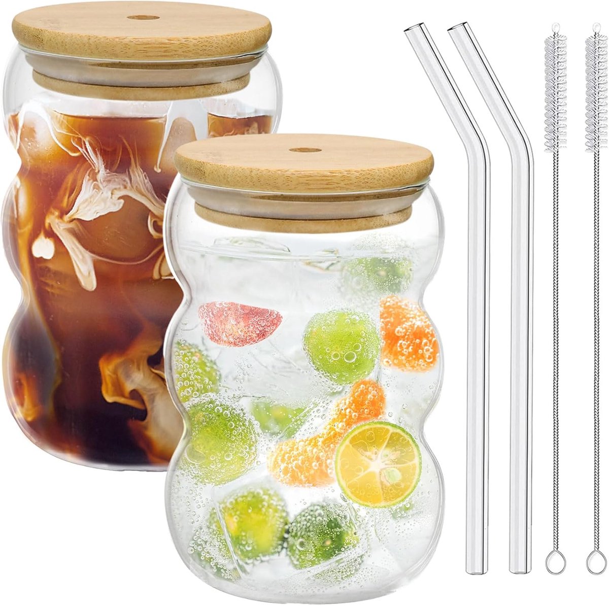 SnelShoppen - Matcha Latte Glazen Set van 2 - 550 ml Iced Coffee Glazen met Deksel en Rietje - Luxe Drinkglazen voor Cocktail, Latte, Bubble Tea, Macc