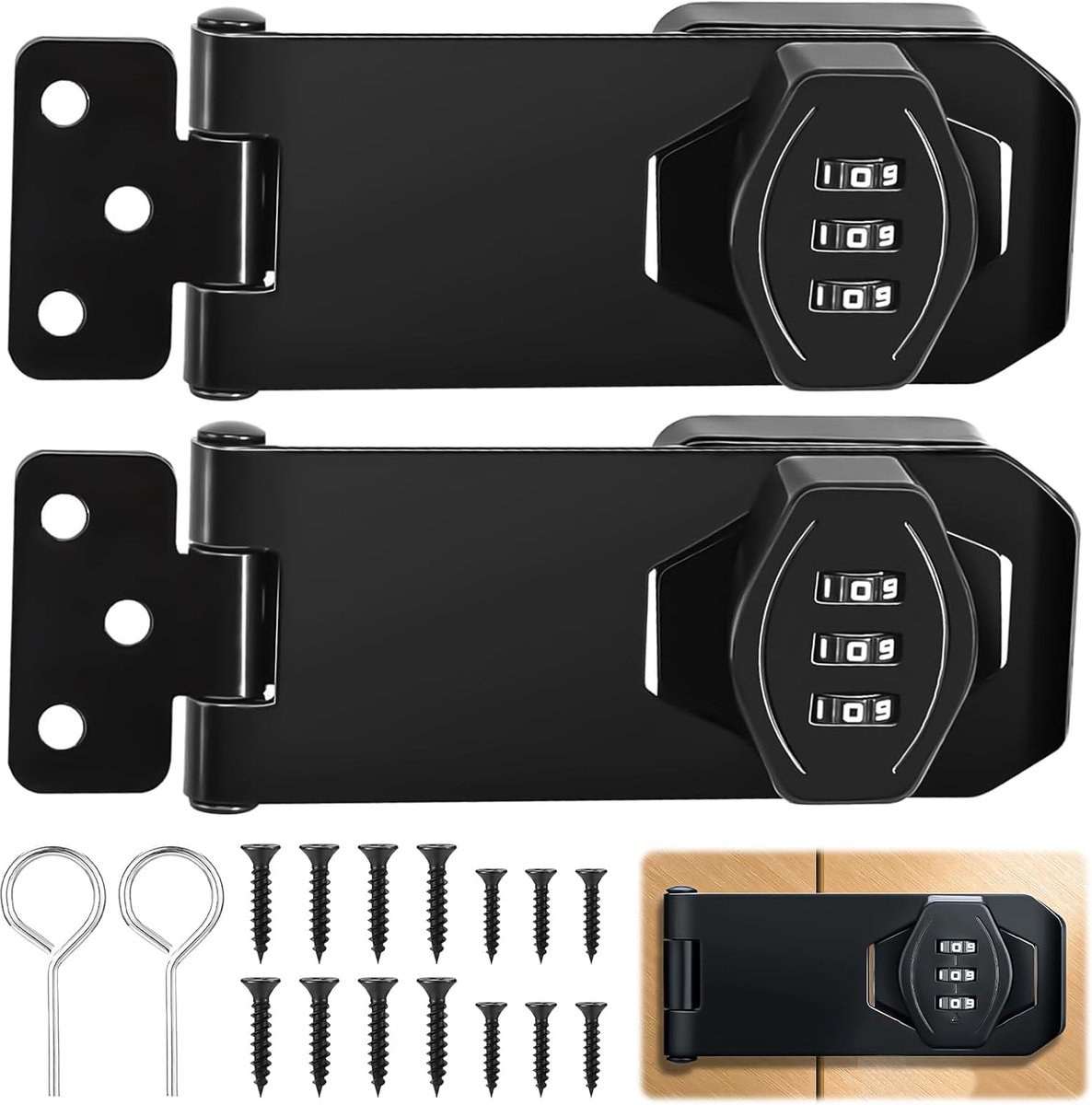 SnelShoppen - Pack van 2 Beveiligingssloten met Combinatielock, 10 cm, Roestbescherming, Veiligheid voor Deuren en Kasten (Zwart)
