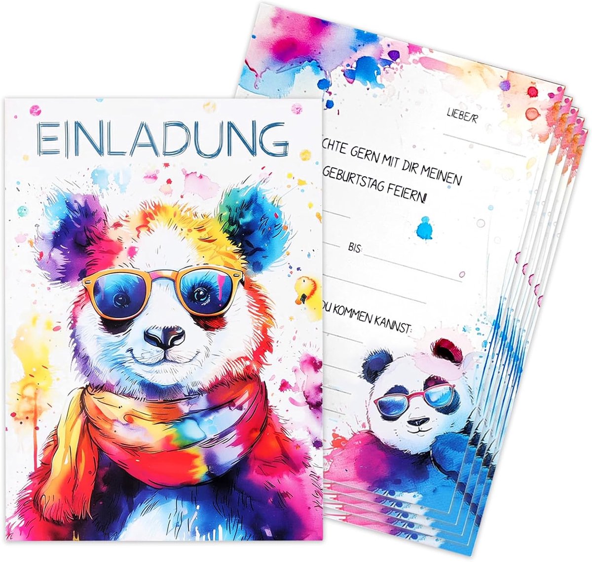 SnelShoppen - 12 Dierenfeest Uitnodigingen Kinderen - Panda, Hond, Kat - Waterverf Stijl - Feestelijke Kinderuitnodigingen voor Verjaardag - Kleurige