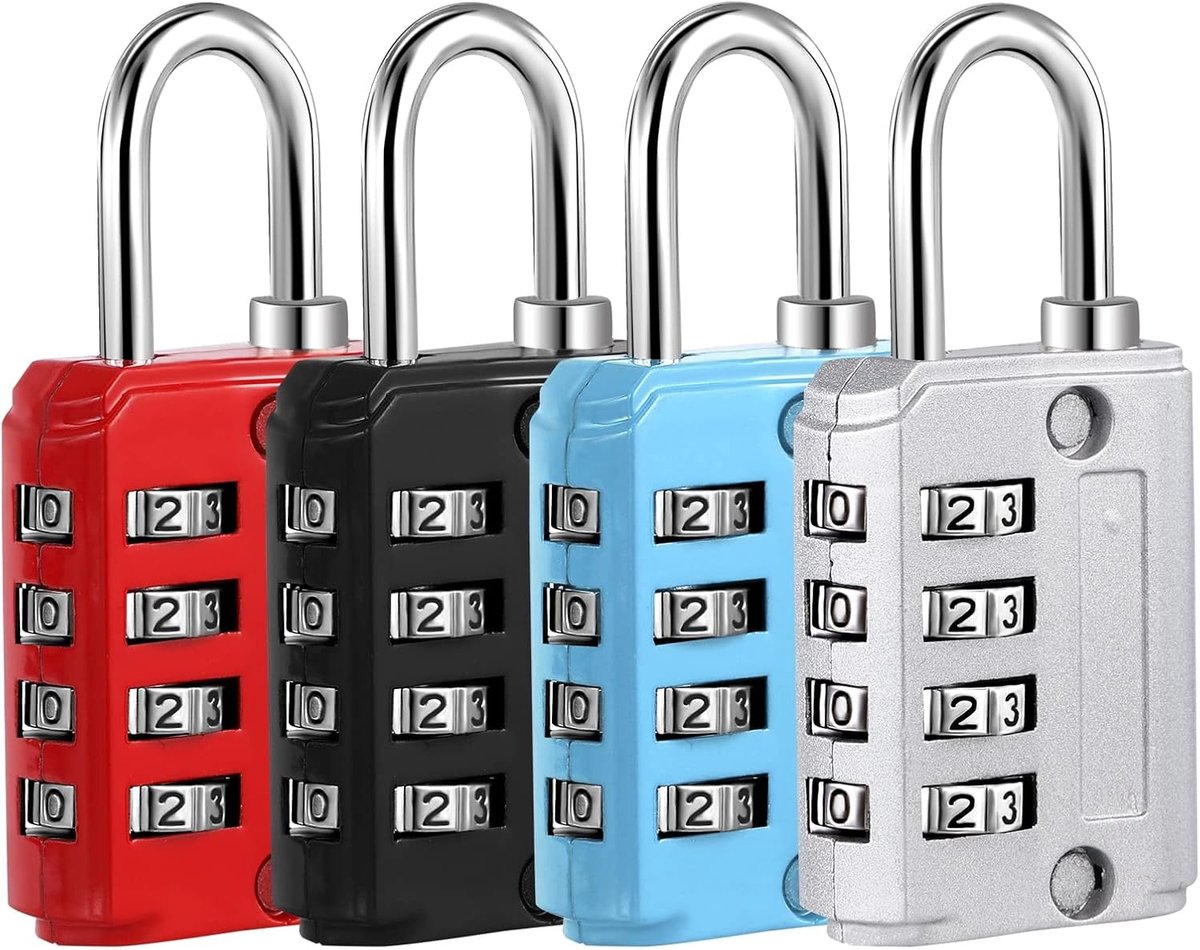 SnelShoppen - Set van 4 Combinatiesloten - 4-cijferige Code Slot, Klein Metaal, Geschikt voor Bagage, Kluis, Gym, Sleutels, Silver, Zwart, Blauw, Rood