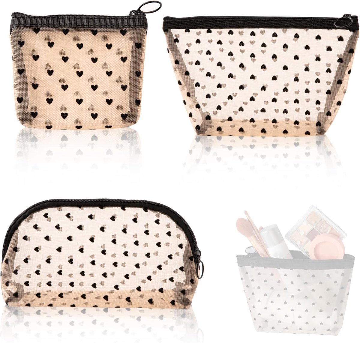 SnelShoppen - 3Pcs Draagbare Mesh Toilettas Make-up Tas Hartvormige Doorzichtige Douche Tas Sneldrogende Reis Tas voor Gym Camping College Studentenhu