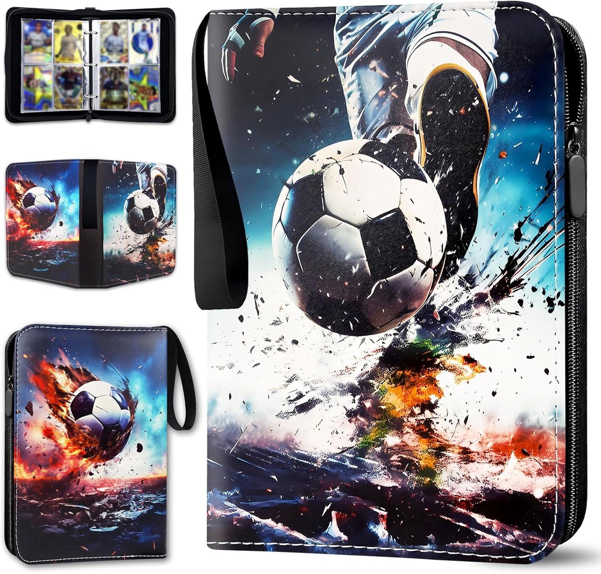 SnelShoppen - Voetbalkaarten Album 50 Bladen 400 Kaartplaatsen Draagbaar PU-Leer Waterafstotend Ritssluiting Polsband - Perfect voor Verzamelaars