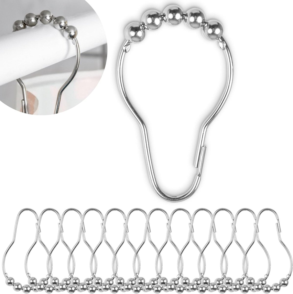 SnelShoppen - 12 Stuks Douchegordijnringen in Zilver, 70 x 39 mm, Met Bol Sliding Systeem, Geschikt Voor Douchegordijnen en Badkuipen