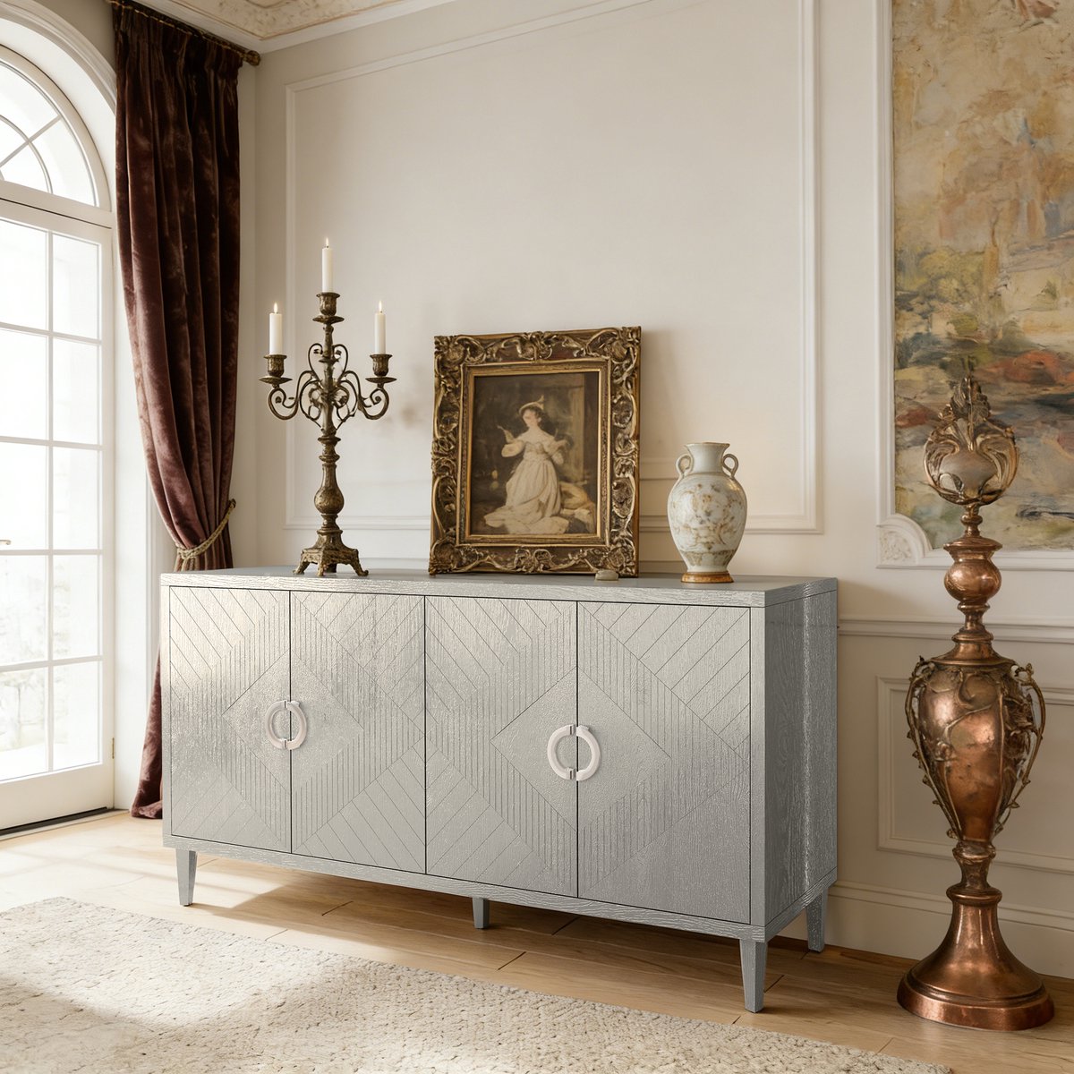 Wishdor - Dressoir - 4-deurs opbergkast - gesloten opbergruimte - eigentijdse stijl - woonkamer slaapkamer keuken - houtlook met grenen poten - champagne - 152 cm