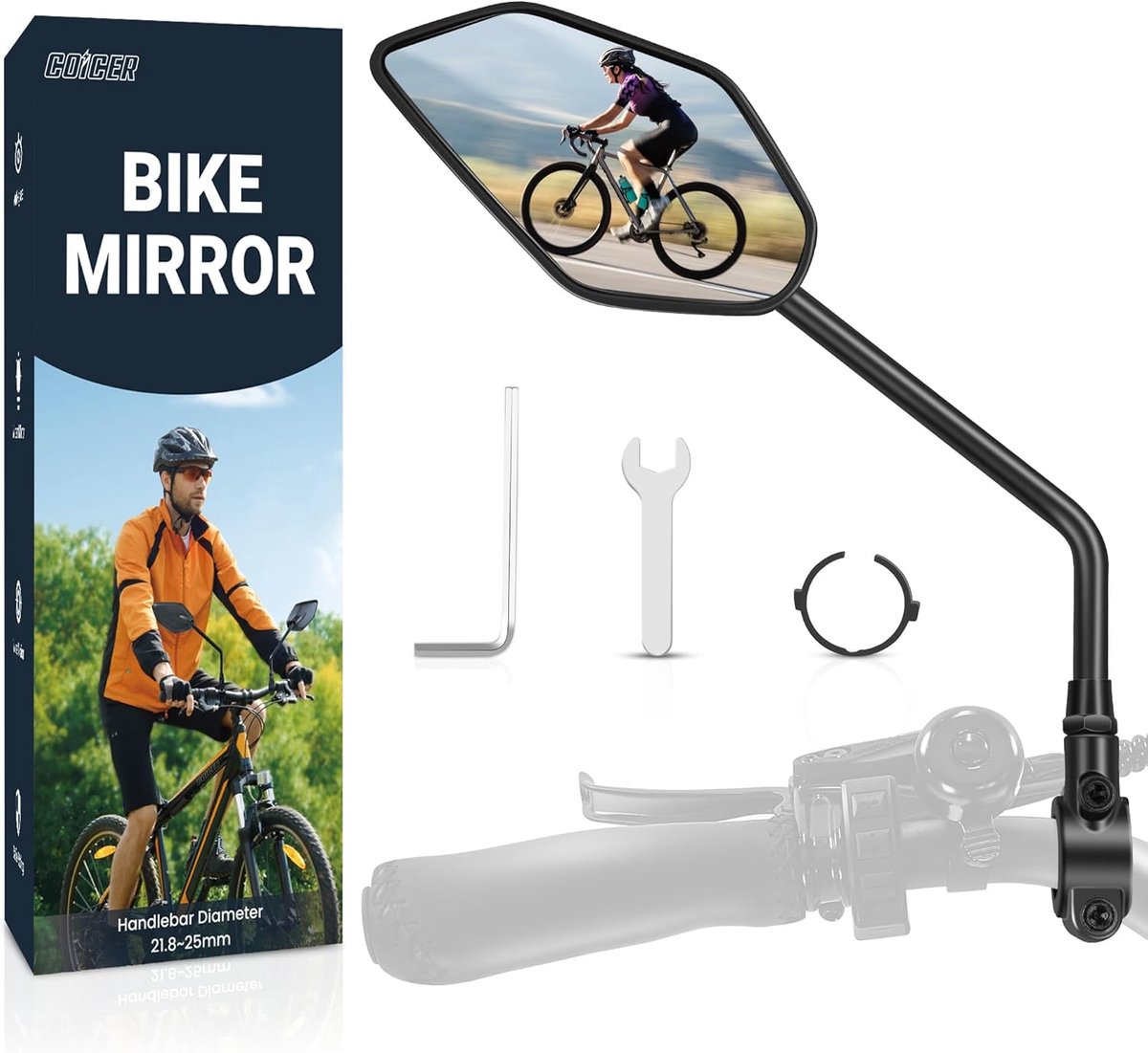 SnelShoppen - Fiets Spiegel Links voor E-Bike - HD 360° Rotatie en Vouwbaar - Extra Grote Spiegeloppervlak - Geschikt voor 21.8mm tot 25mm Handvaten