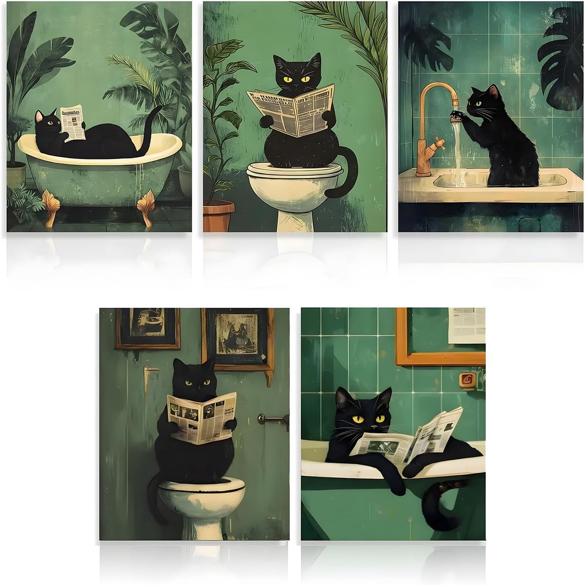 Katten Poster - Set van 5 Zwarte Katten in Badkamer en Toilet - Humoristische Vintage Kattenafbeeldingen - Waterdichte Poster voor Badkamer, Toilet, Woonkamer en Slaapkamer - 20 x 25 cm