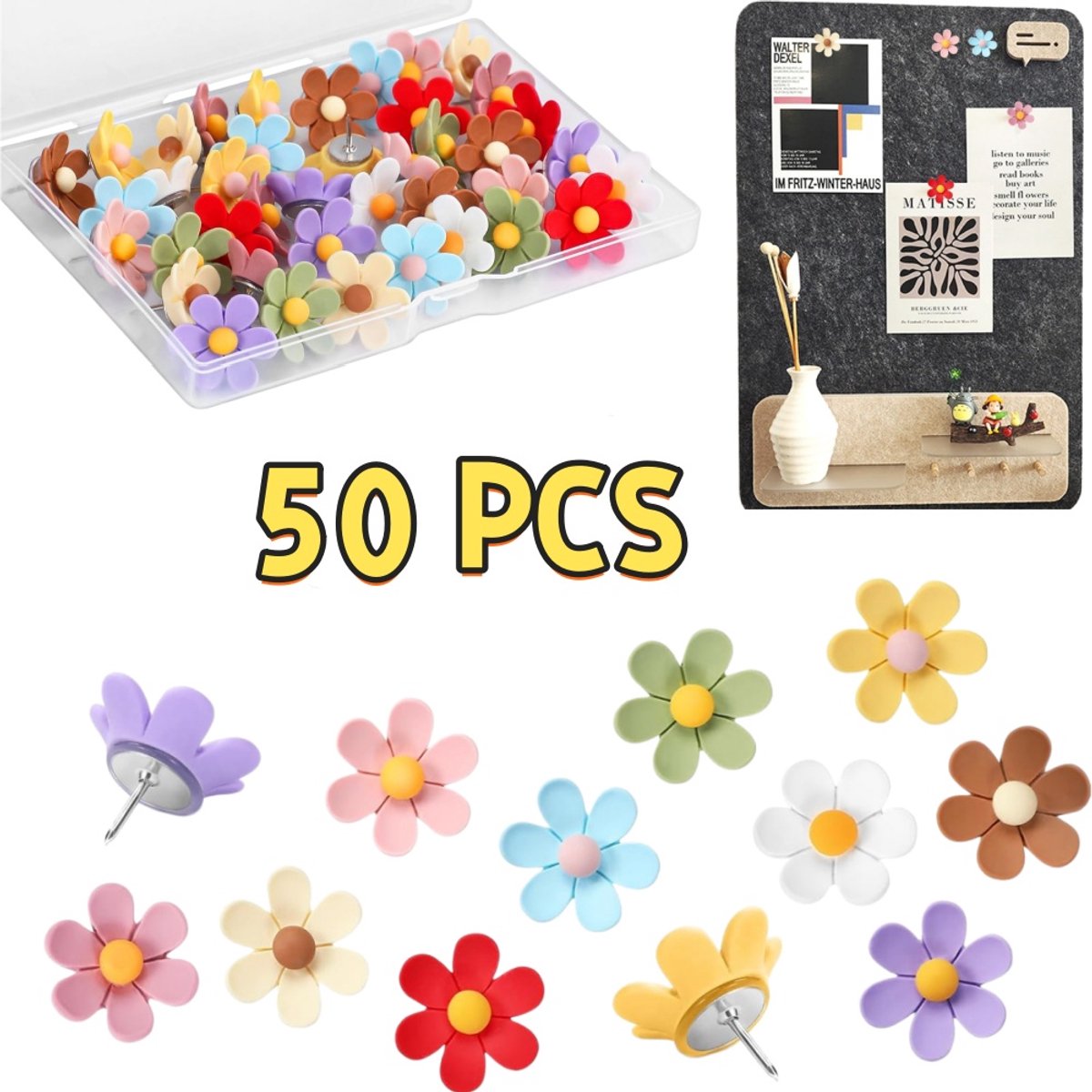 50 stuks - Bloemvormige punaises - Punaises voor prikborden - Hars punaises - Decoratieve spelden - Punaises voor fotowanden - voor prikborden, kurkborden, fotowanden, posters en decoratieve wanden - De kleuren van de bloemen zijn willekeurig