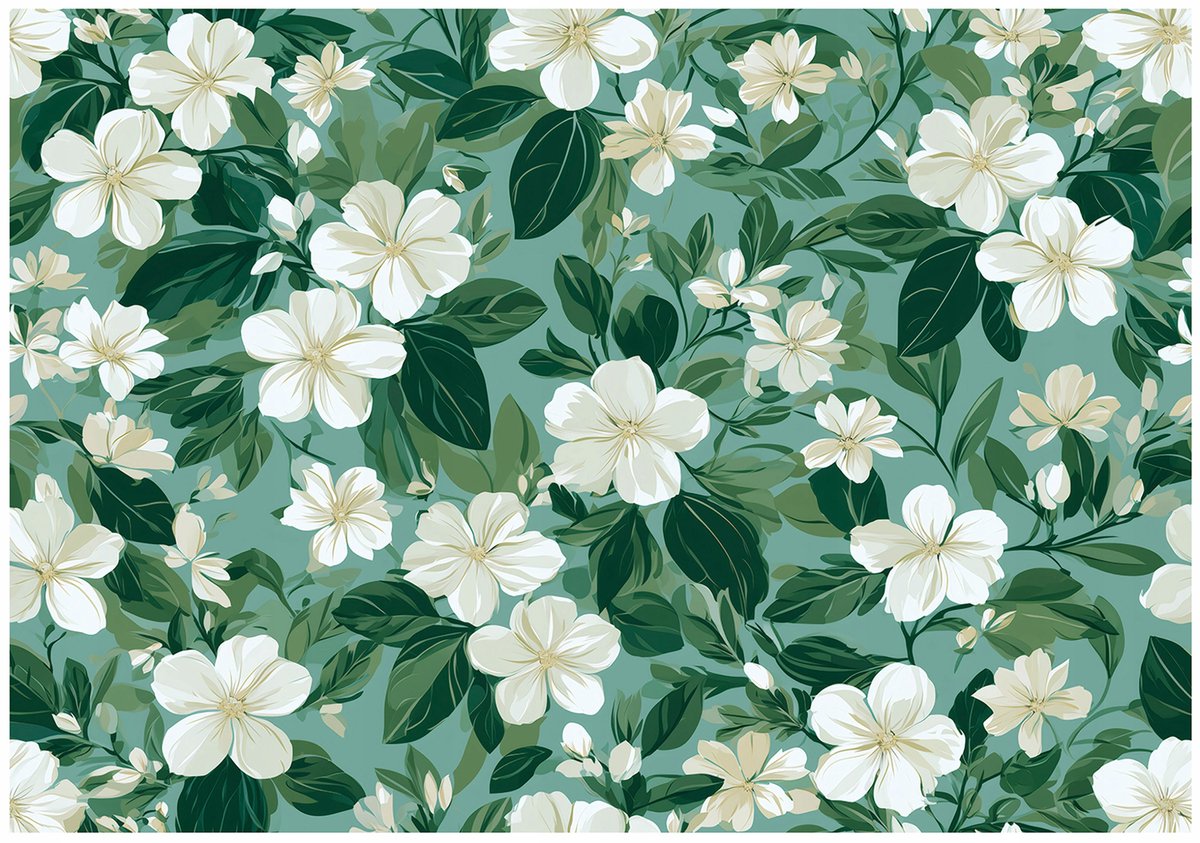 WALLARENA - Fotobehang - 200x140 cm - witte bloemen en bladeren voor woonkamer en slaapkamer