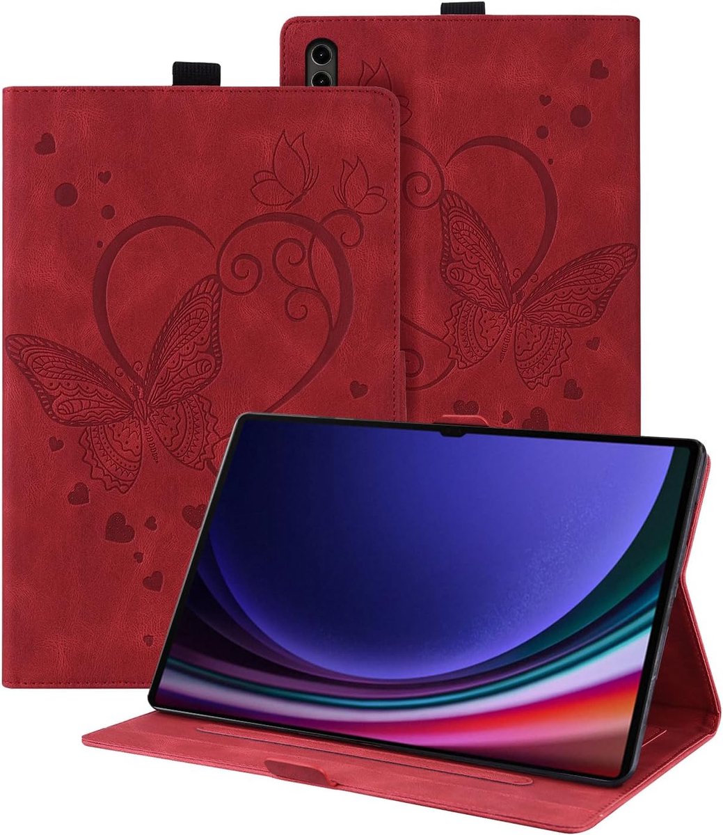 SnelShoppen - Tablethoes voor Samsung Galaxy Tab S8 Ultra - PU Vlinderreliëfleer, Standaardfunctie, Rood, Geschikt voor SM-X910B X900, Bescherming en