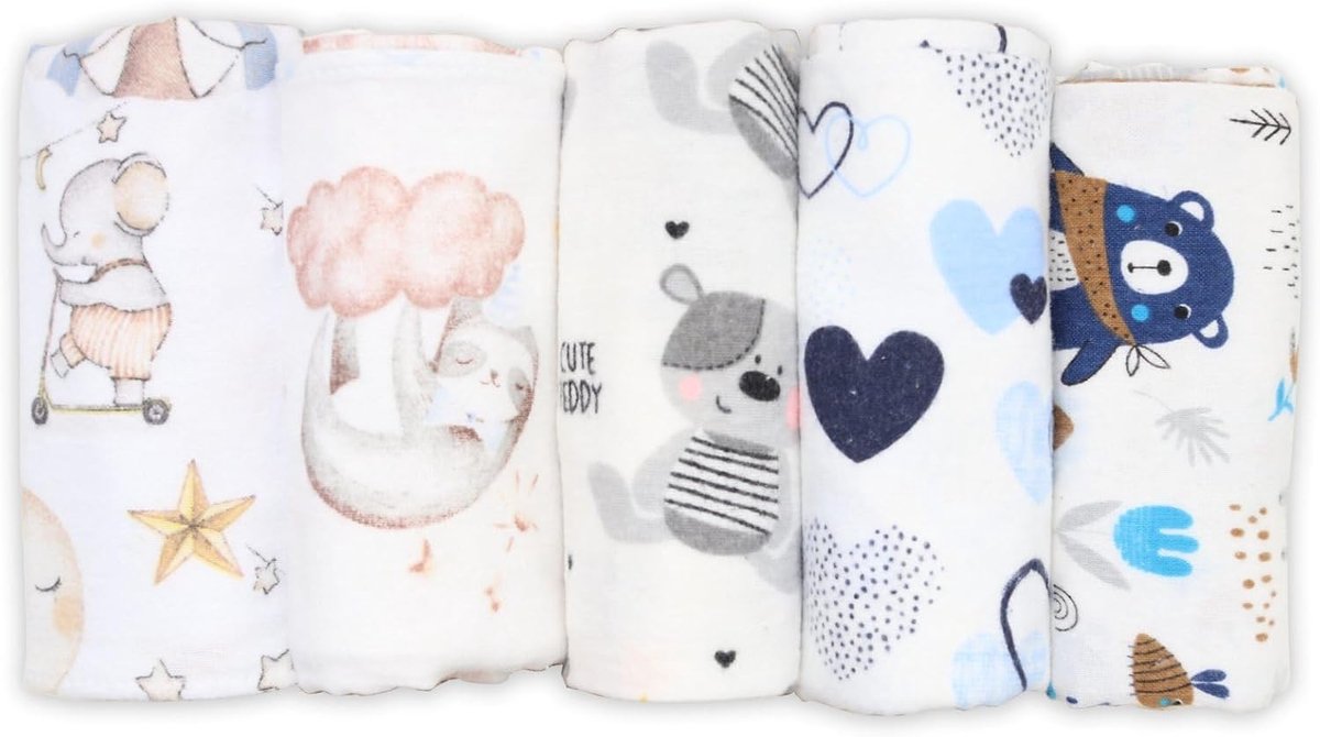SnelShoppen - Set van 5 Molton Doeken Flanel Luiers 100% Katoen 80 x 80 cm Unisex Baby Borst- en Spuugdoeken voor Jongens en Meisjes