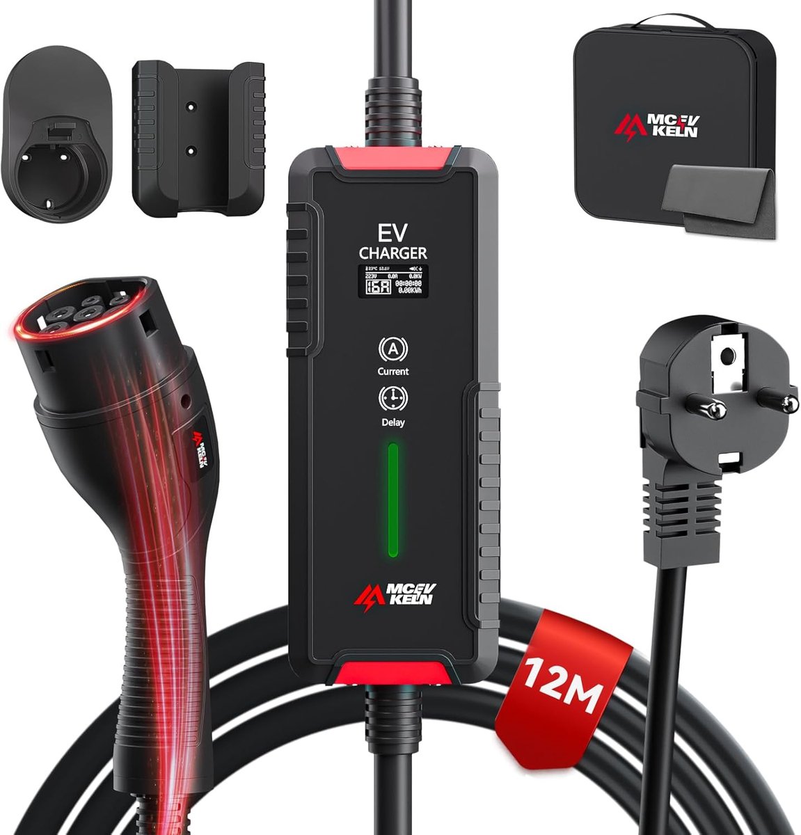 SnelShoppen - Type 2 Oplaadkabel Schuko 3.6 kW 12M - EV Charger 6A/8A/10A/13A/16A, Enkele Fase, IP65 - 12 Meter Mode 3 Laadkabel voor Elektrische Auto