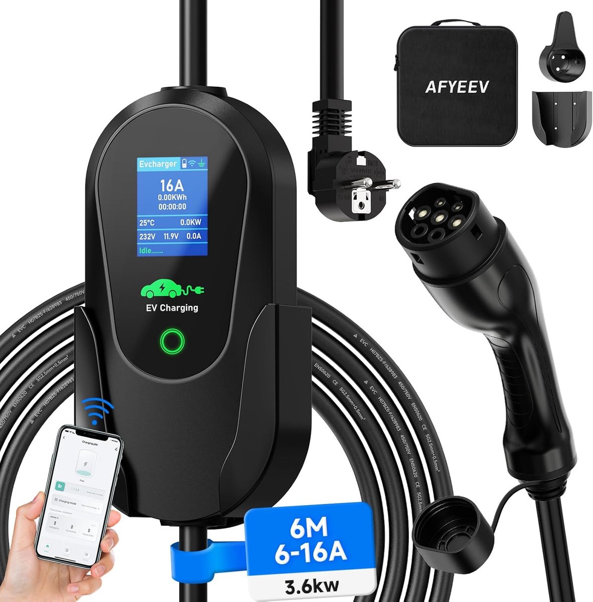SnelShoppen - Type 2 EV Charger 3.68kW Schuko Oplaadkabel 6m - APP-Enabled, 5 Instellingen, Vertraagd Opladen, 1-fase, 6A-16A