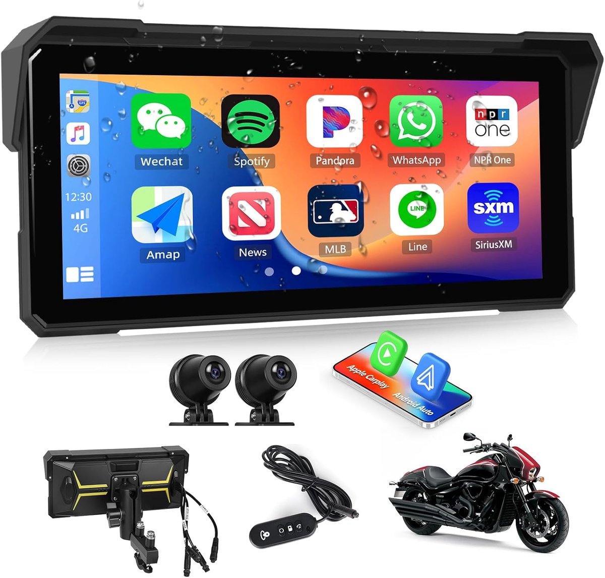 SnelShoppen - 8,1 inch HD motorfiets dashcam met dubbele camera voor-achter, draadloos, IP68, Bluetooth, CarPlay, Android Auto, universeel DVR met EQ-