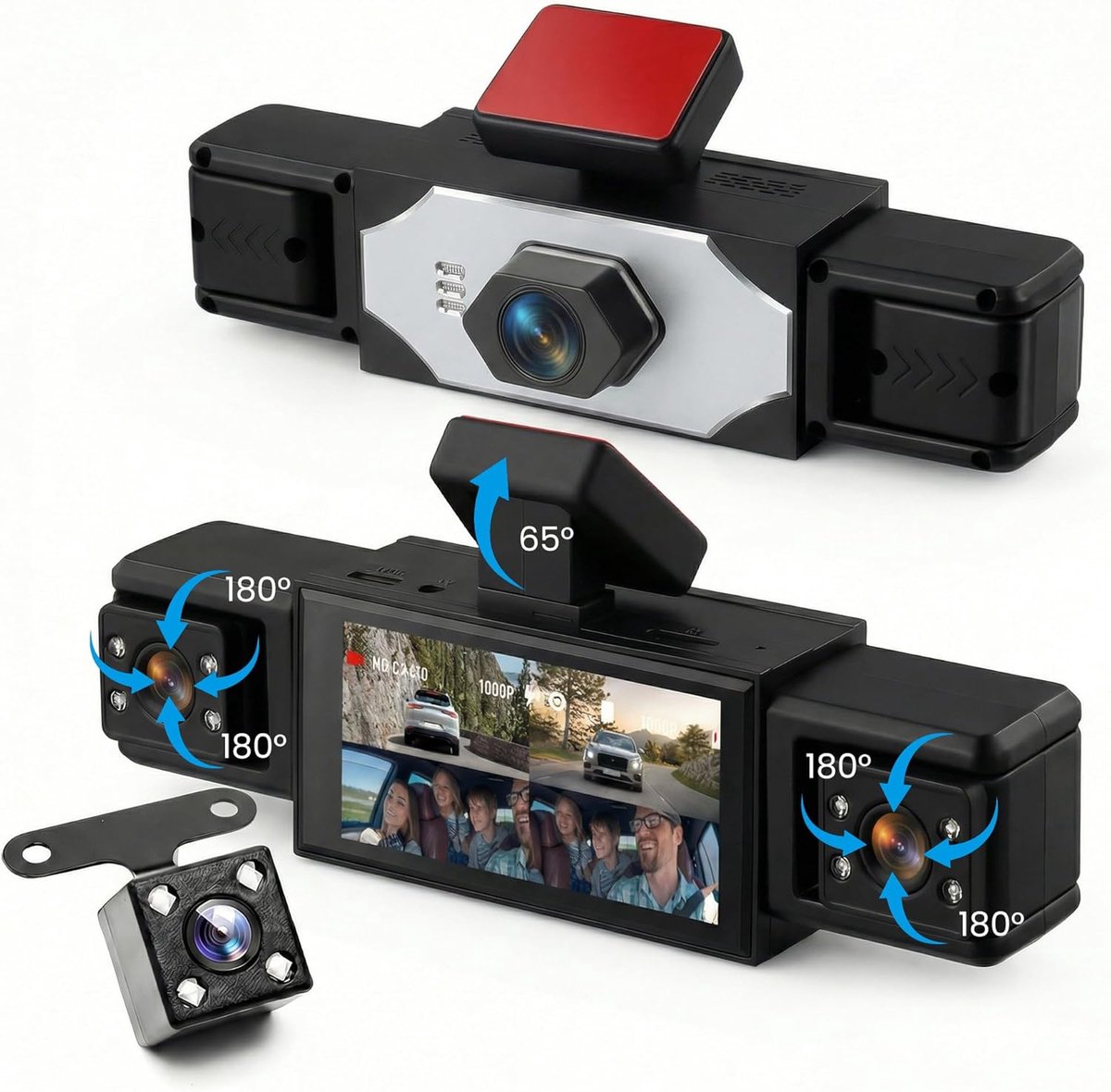 SnelShoppen - 360° 4-kanaals dashcam auto met 4 camera's 1080p voor en achter links, rechts, 3,16 inch IPS-scherm, AVI videoformaat, multi-taal onders