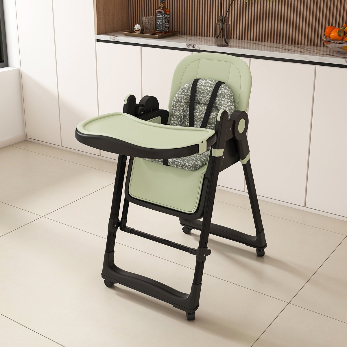 MIVRAY Kinderstoel – 2-in-1 Met Wipfunctie – 59 x 96 cm – Polypropyleen en PU – Donkergroen – Inklapbaar Met Eetblad en Wielen
