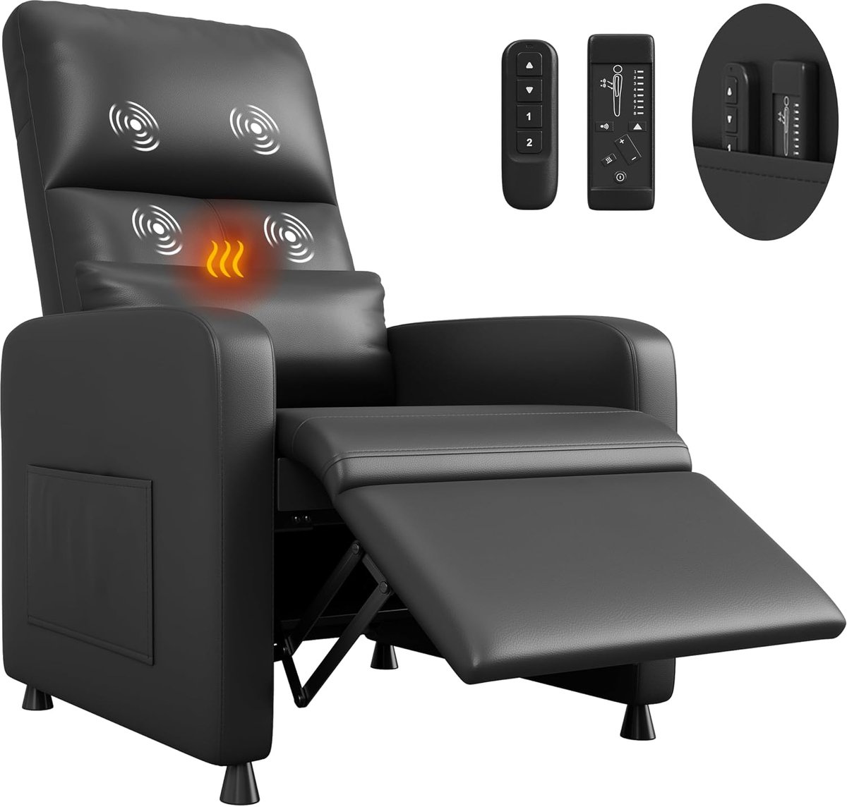 Elektrische Relaxstoel met Massage en Verwarming - Verstelbare TV-fauteuil (90°-150°) - PU-Leer - Geheugenfunctie - Zwart - Max. 136 kg