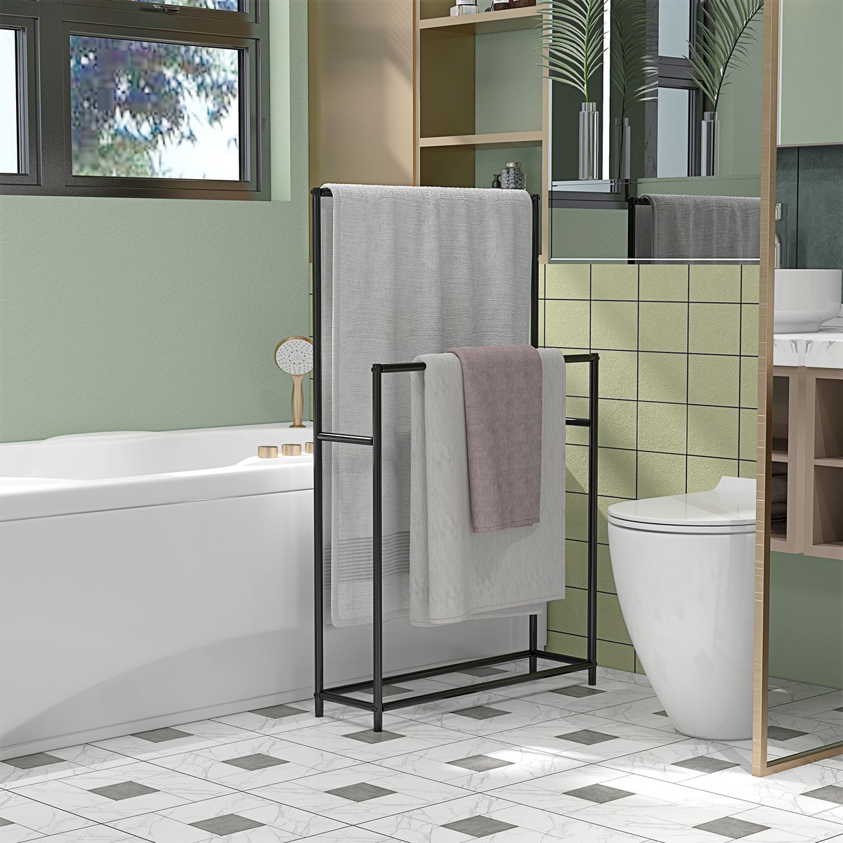 STILVORA Droogrek – Vrijstaand Met 2 Handdoekstangen – 66 x 20 x 110 cm – Metaal – Zwart – Voor Badkamer – Met Antislipvoeten