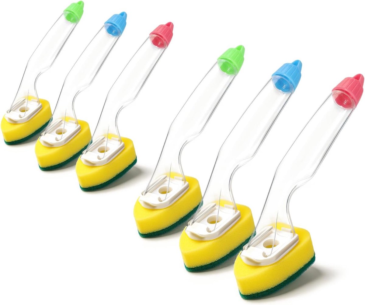 Thijox - Set van 6 Afwasborstels met Zeepreservoir en Schuimkop voor Vaat, Potten en Pannen - 120 ml Reservoir - Diverse Kleuren - Keukenaccessoires