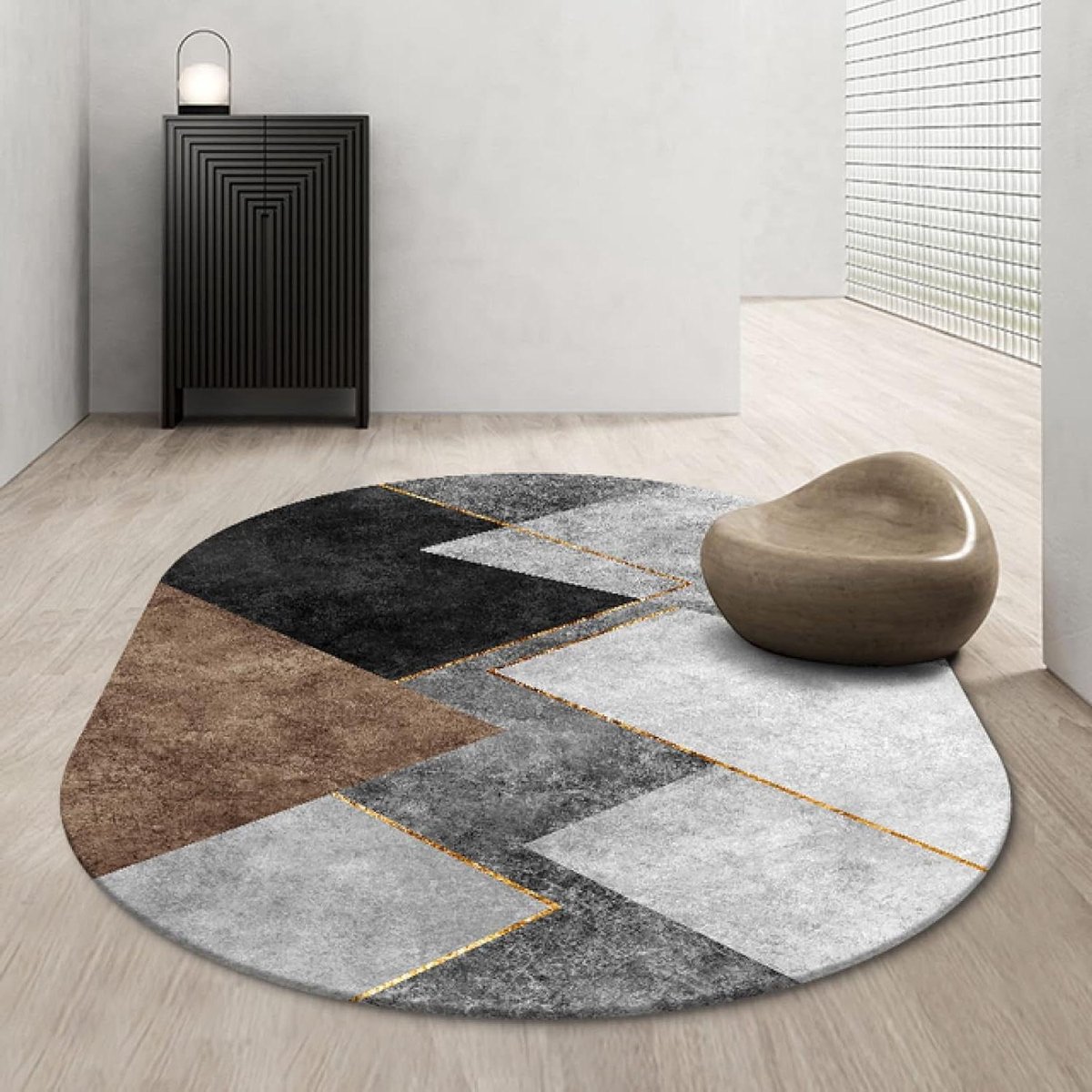 Ovaal Vloerkleed - Modern Kleed - Woonkamer Decoratie - Geometrisch Design - 180x250cm - Bruin Zwart Grijs