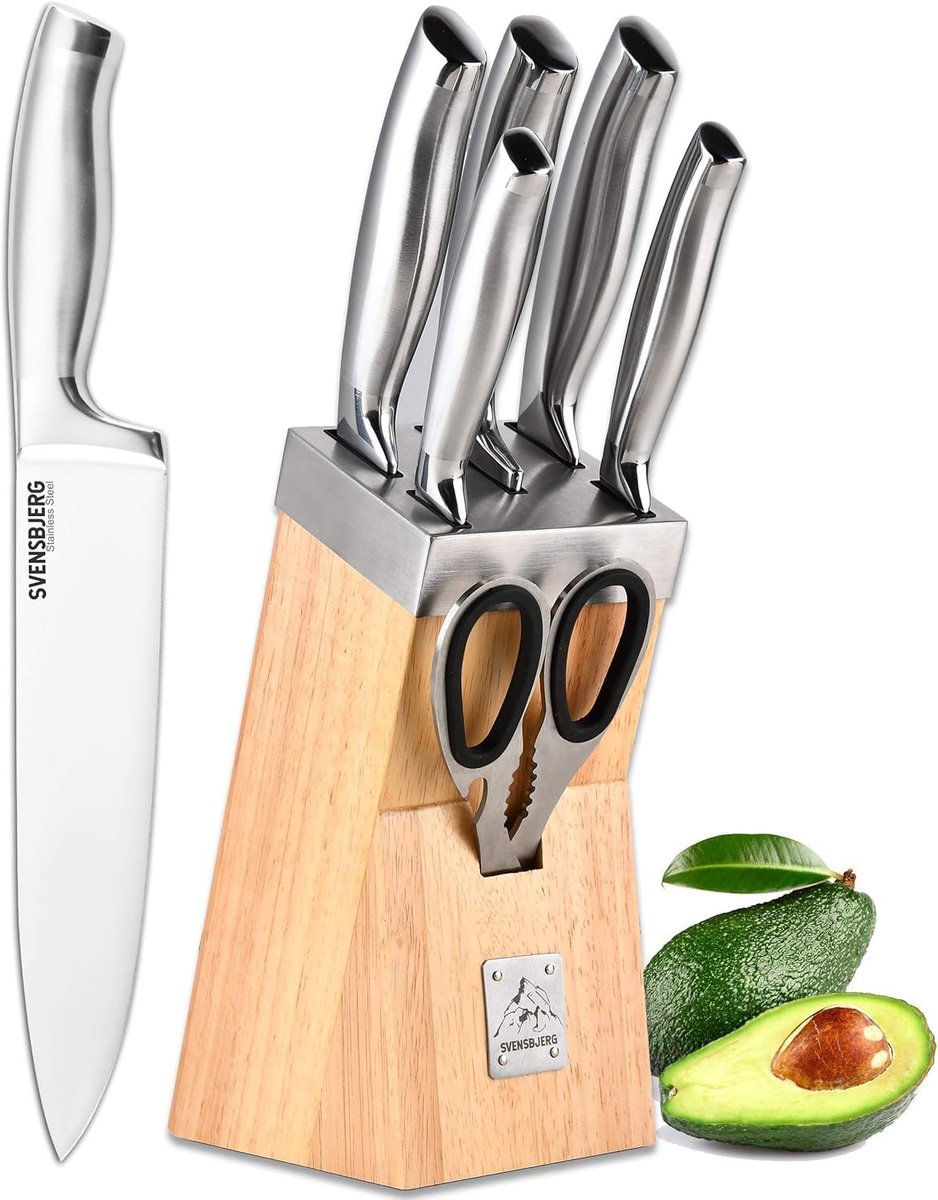 SnelShoppen - Modern Scandinavisch Keuken Messenset met Houten Messenkubus - 5 Keukenmessen van Roestvrijstaal - Stijlvol en Functioneel - Ideaal voor