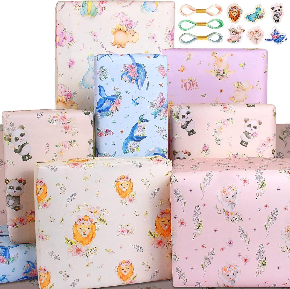 SnelShoppen - Baby Cadeau Inpakpapier Set voor Jongens Meisjes Verjaardag Baby Shower Ecologisch Roze Blauw Leeuw Panda Eenhoorn Dinosaurus Olifant 5