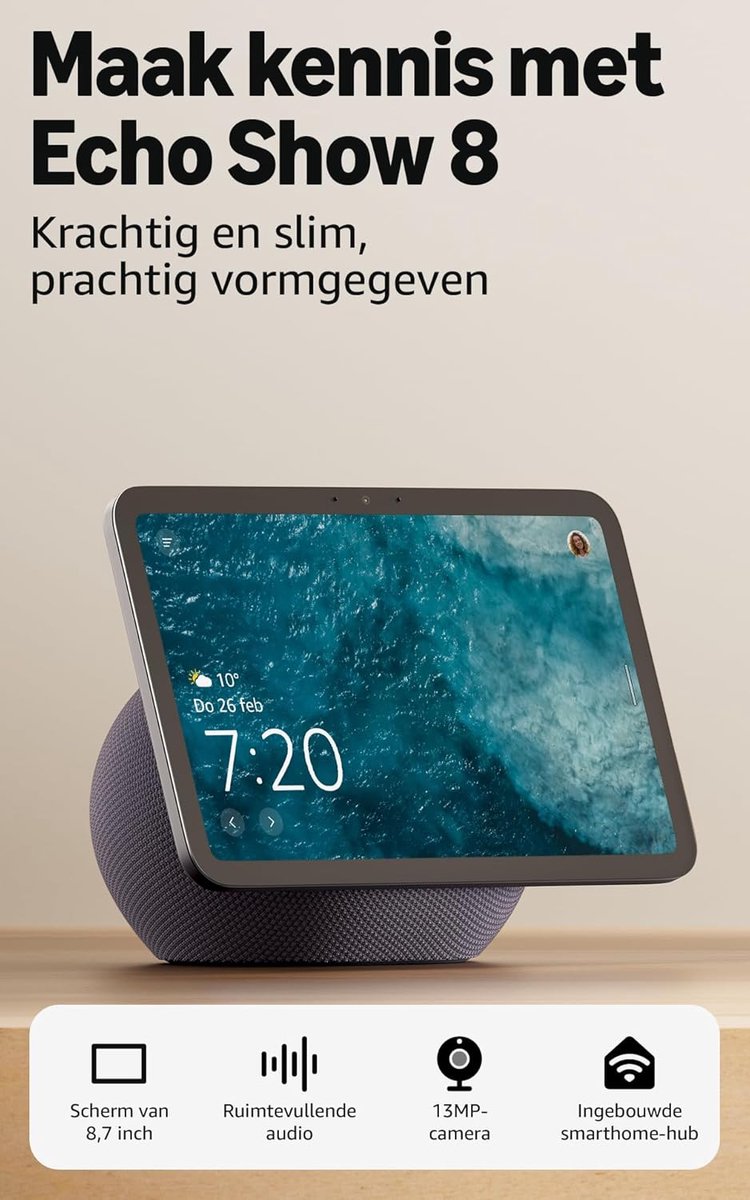 SnelShoppen - Smart Display 8.7" HD met Alexa, Ruimtegeluid, Slimme Thuis Hub, Grafiet, Perfect voor Keuken, Woonkamer, Thuiswerk