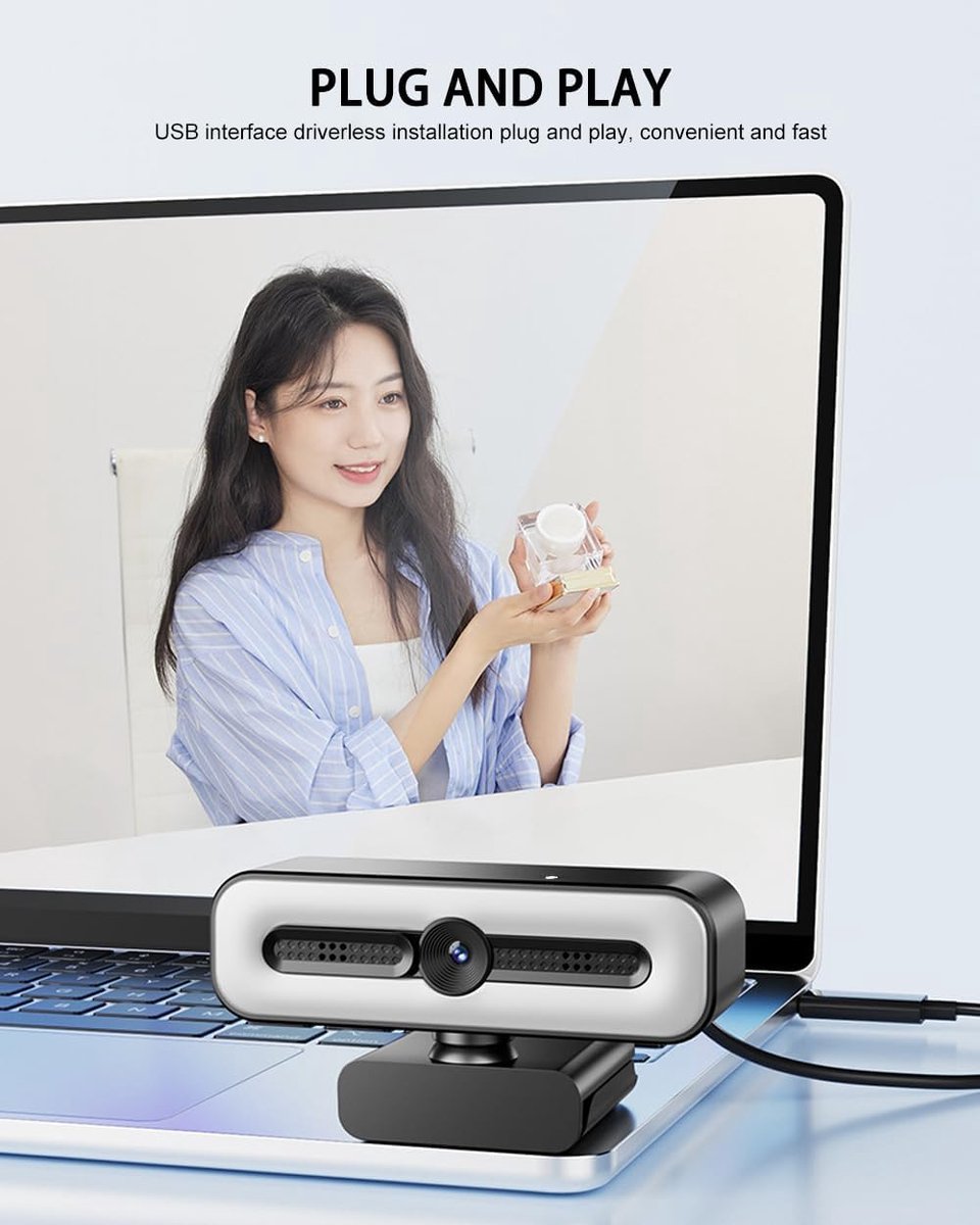 SnelShoppen - 4K UHD Ring Light Webcam voor PC, 1080P Webcamera met Dual AI Noise-Cancelling Microfoons, Auto Lichtcorrectie, Privacy Cover, 73°FOV, P