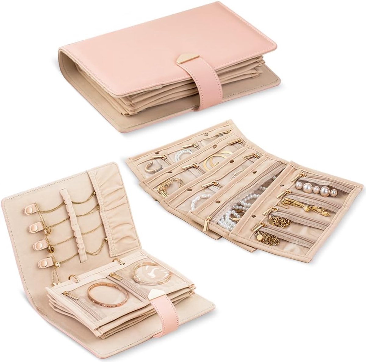 SnelShoppen - Reis Sieradenopberger, Sieraden Organiser voor Ringen, Oorbellen, Kettingen, Armbanden, Boek Mechanisme, Sieraden Tas met 5 Transparante