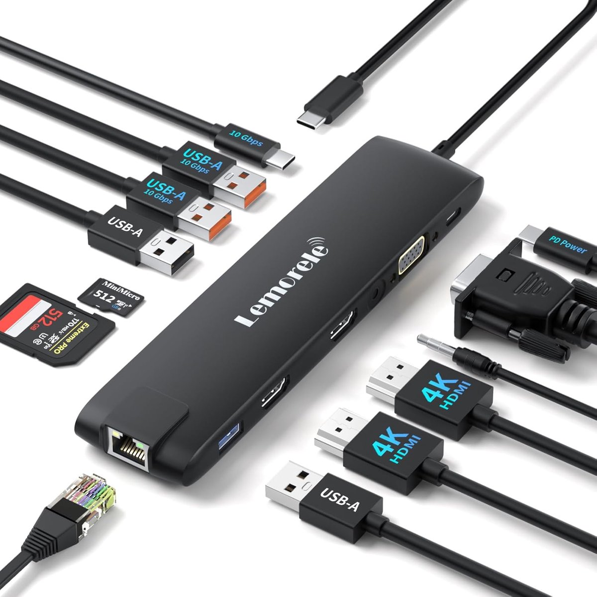 SnelShoppen - 13-in-1 USB-C Docking Station met 3*Display, 2 HDMI 4K, Ethernet, 4 USB 3.2/2.0, VGA, 10Gbps USB-C, PD 100W, Audio, SD/TF Lezer voor Mac