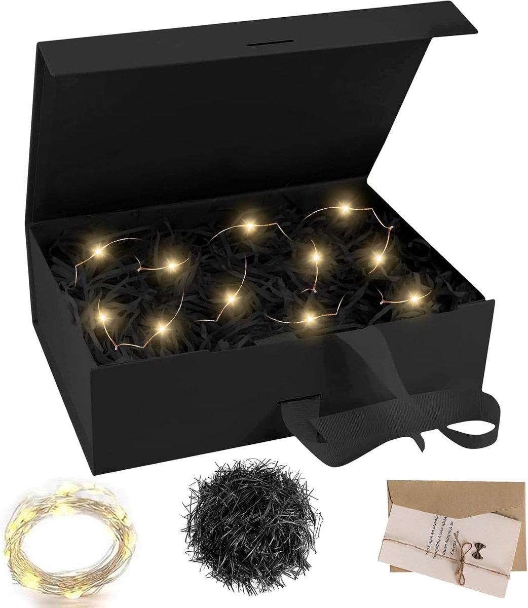 SnelShoppen - Magnetische Geschenkdoos Zwart 21x17x7 cm met Deksel en Strik, Opvouwbaar voor Bruiloft, Verjaardag en Aanvraag - Inclusief Wenskaart en