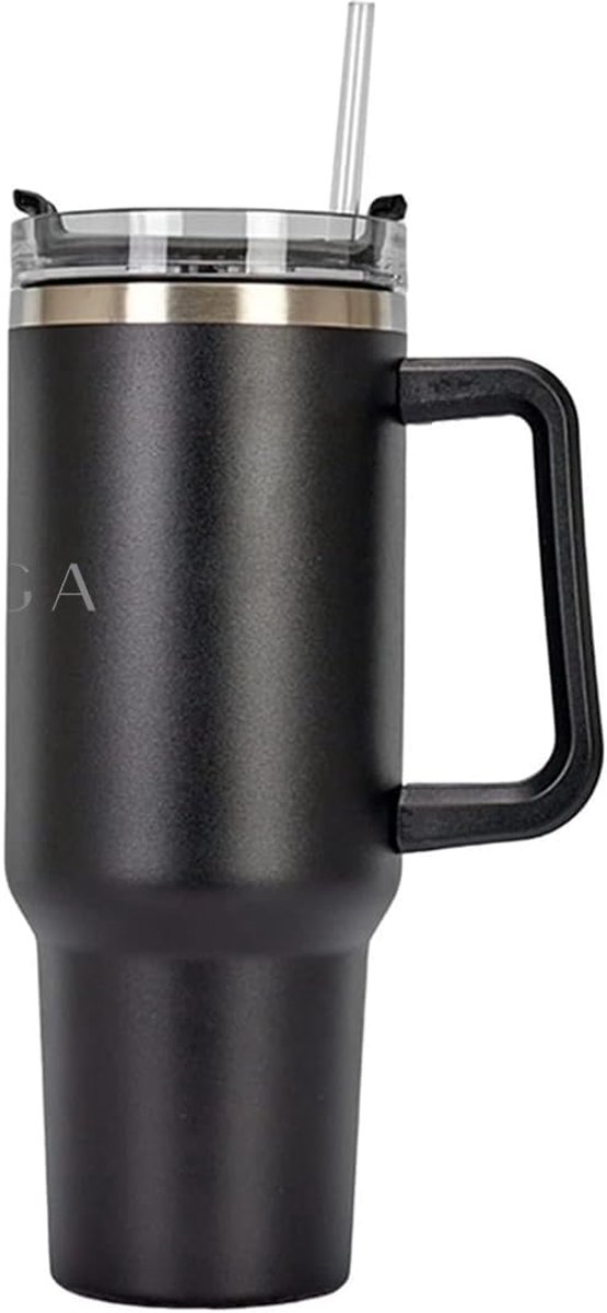 SnelShoppen - Yoga Super Active Roestvrijstalen Tuimelaar met Rietje 1200 ml - Geïsoleerde Autobeker - Lekvrij - Dubbelwandig - Zwart voor Warme en Ko