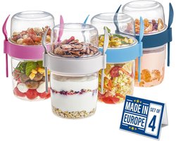 SnelShoppen - CRYSTALIA Take & Go Yoghurt Pot Set 4 BPA-vrije Muesli Bekers met Lepel en Vork, Vaatwasmachinebestendig, Compact en Kleurrijk voor Ontb