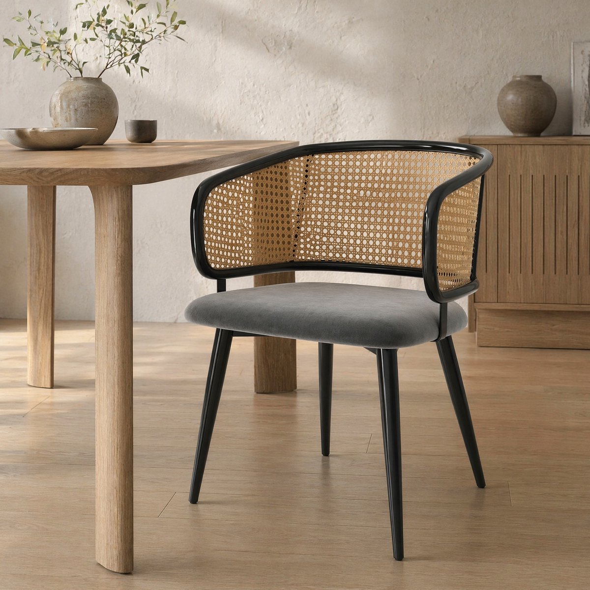 COVREO Eetkamerstoel set van 2 47 x 51 x 79 cm - rotan rugleuning, velvet zitting, grijs