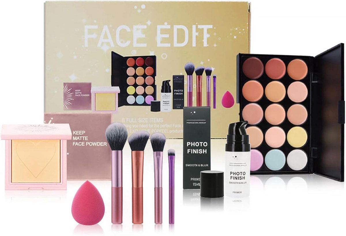 SnelShoppen - Make-upset voor Gezicht met Primer, Poeder, 15 Kleuren Concealer, Make-upkwasten en Sponzen - Perfect voor Vrouwen en Dames, Cadeauset v