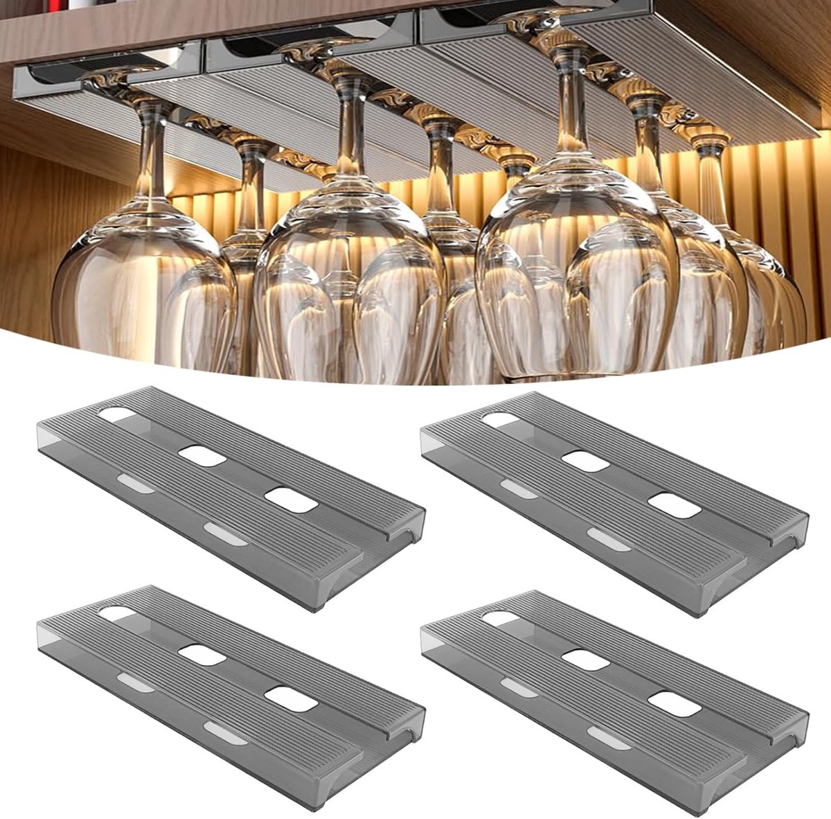 SnelShoppen - 4-pack Wijnglashouder - Hangende Wijnglasplank - Zelfklevende Wijnglashouder - Onder de Kast Wijnrek - Geen Boren Nodig - Grijs - Voor K