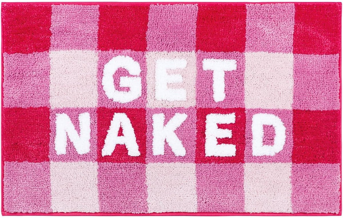 SnelShoppen - Grappige Badmat Get Naked, Antislip, 80 x 50 cm, Roze Geruit, Zacht en Absorberend Microvezel Tapijt voor Badkamer, Douchemat, Wasbaar e