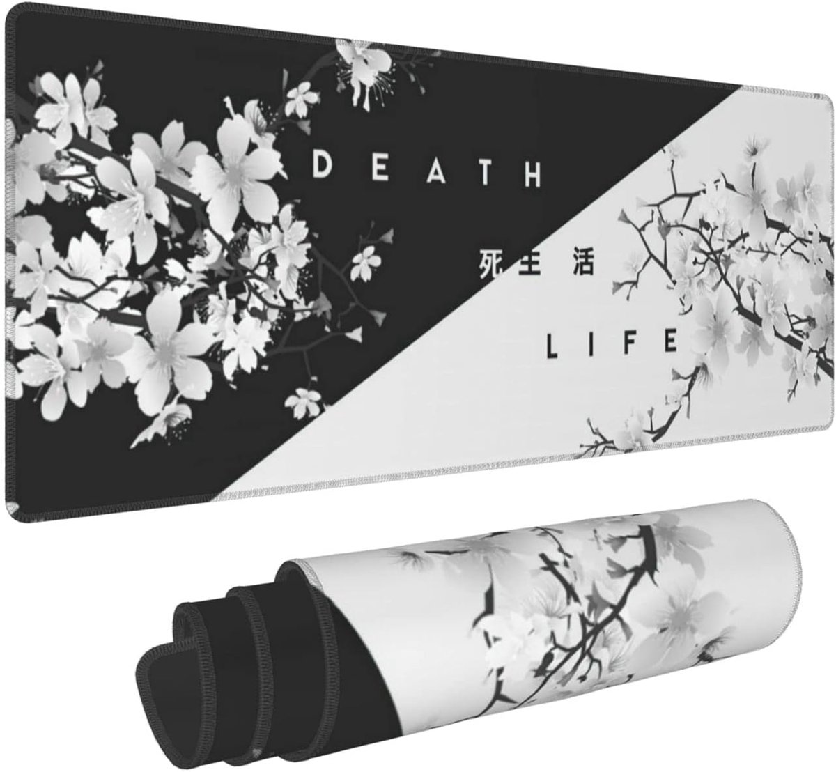 SnelShoppen - Grote Gaming Muismat 80x20 cm met Zwarte en Witte Kersenbloesem Motief - Antislip Rubber Onderkant - Ideaal voor Werk, Game, Kantoor en