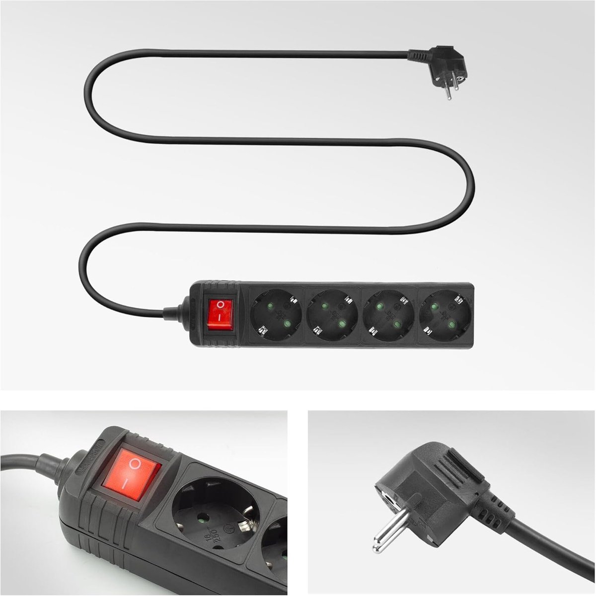 SnelShoppen - Stekkerdoos 4-voudig met 45 Graden Hoek, 2m Kabel, Verlichte Aan/Uit-Schakelaar, Kinderbeveiliging, Zwart - Ideaal voor Thuis, Kantoor,