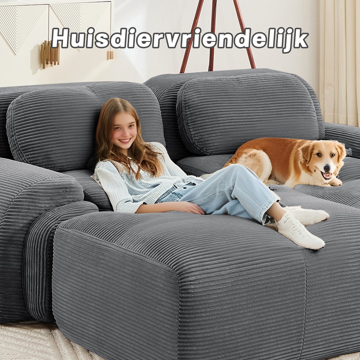 Hoekbank - Hoekbank van Zachte Corduroy – Bank Zonder Frame - Geen installatie Nodig - Comfortabele Zitzak Stoel – Beanbag voor Woonkamer en Slaapkamer - grijs