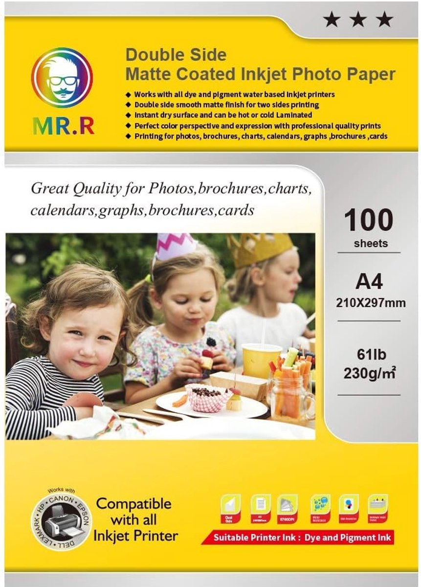 SnelShoppen - A4 Matte Coated Inkjet Fotopapier 230gsm 100 Vel Dubbelzijdig Waterdicht Glanzend Wit 210x297mm Voor Professionele Kwaliteit Prints