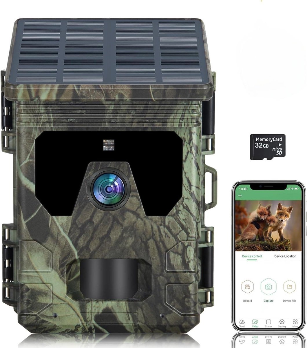 SnelShoppen - 4G Wildcamera op Zonne-energie met App, 30 MP 2K Nachtzicht, Bewegingsmelder, IP66 Jachtcamera, Fotoval, Inclusief 32G Micro-SD en SIM