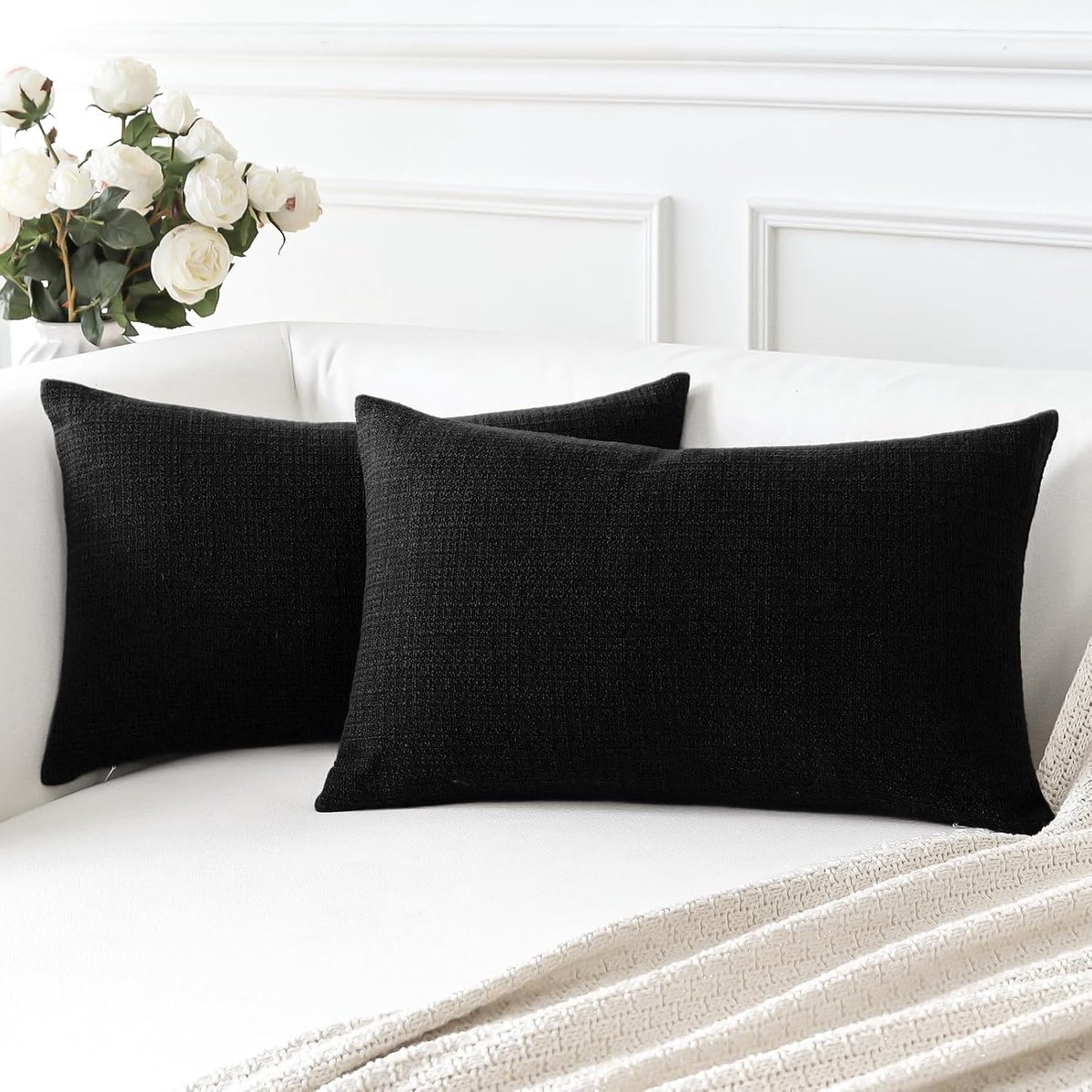 SnelShoppen - Set van 2 Zwarte Kussenhoezen 40x60cm - Decoratieve Linnen Kussenhoezen voor Sofa, Slaapkamer, Auto - Duurzaam en Ademend