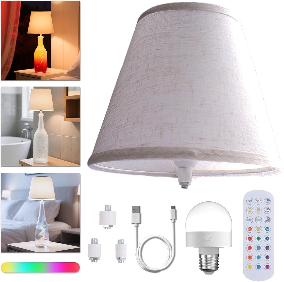 SnelShoppen - LED Battery Bottle Lamp - Draadloze Tafel Lamp met 15 Kleuren - Inclusief Stof Lampenkap en Oplaadbare E27 LED Lamp voor Sfeervolle Verl