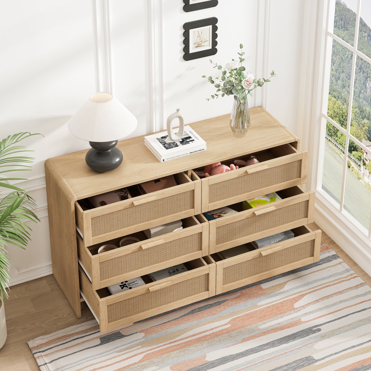 Wishdor - Ladekast - 6 lades - afgeronde hoeken - Scandinavische opbergkast voor woonkamer en slaapkamer - houtlook met rotanfront - natuurlijk - 130 cm