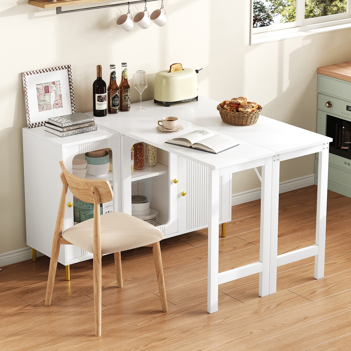 Wishdor - Dressoir - Uitklapbaar buffetkast met schuifdeuren en lades - Modern design voor eetkamer en keuken - Houtlook, gehard glas - Wit - 122 x 80 x 82 cm