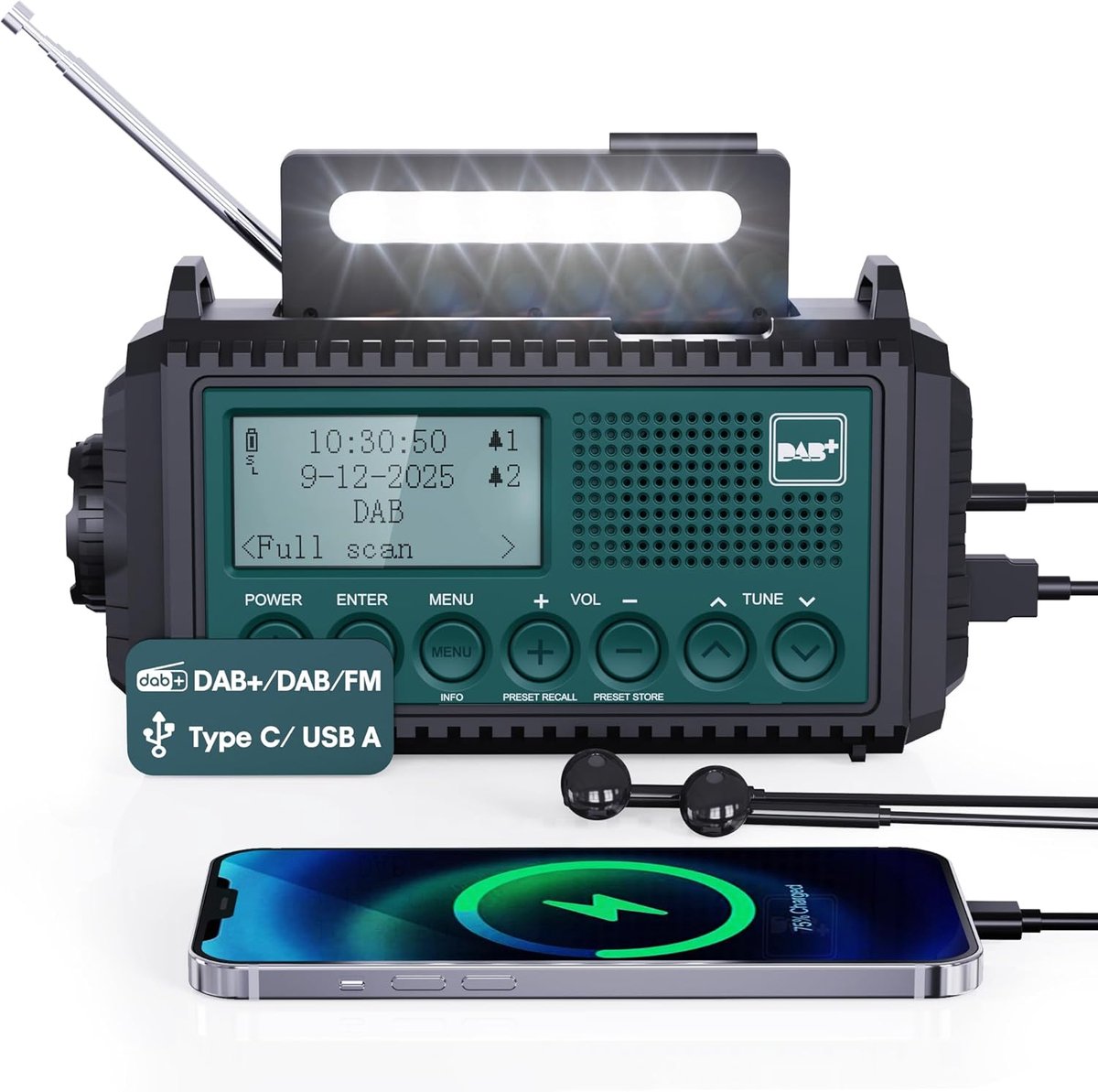 SnelShoppen - DAB+ Crank Radio met 5000mAh Batterij, Draagbare Solar Radio met LED Zaklamp voor Camping, Hiking, Buitenactiviteiten - IPX4 Waterdicht,