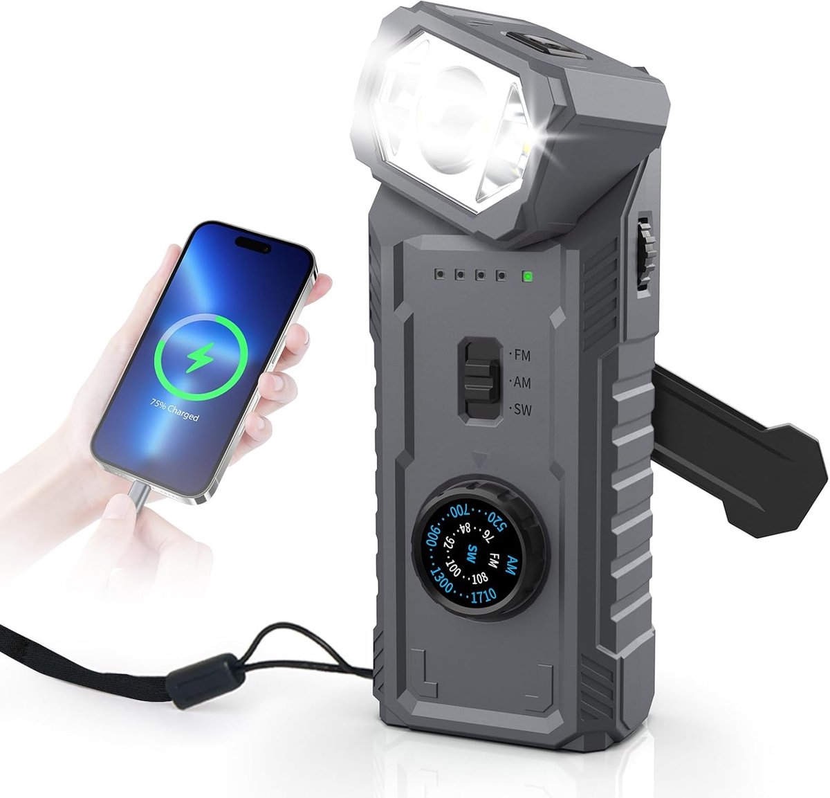 SnelShoppen - Hand Crank Emergency Radio 180° Rotatable, Draagbare AM/FM Weer Radio met 2000mAh Powerbank, Spot & Flood Licht & SOS Alarm voor Camping