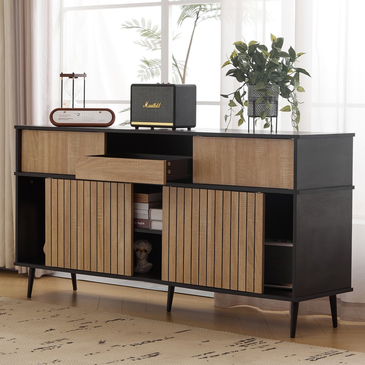 Wishdor - Dressoir - 4 schuifdeuren en 1 lade - modern design - woonkamer of eetkamer - houtlook en metaal - zwart en naturel - 160 x 40 x 80 cm